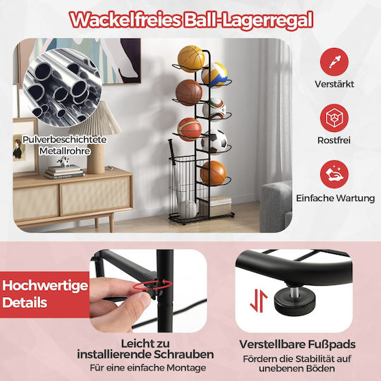 Costway 7-Tier Ball Storage Rack with Removable Hanging Rods & Storage Basket 59 X 24 X 147 Cm Black Fh10109