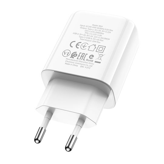 Borofone Wireless Charger With USB-A Output Port And USB-C Output Port 20W Power Delivery Quick Charge 2.0 White BN4