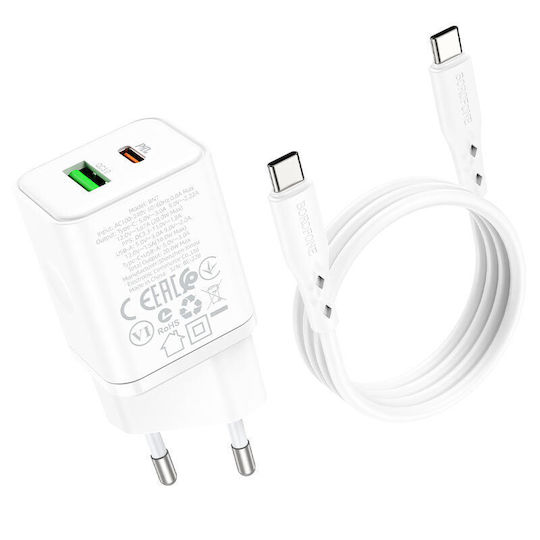 Borofone Charger with USB-A Port and USB-C Port and Cable USB-C - USB-C 20W Power Delivery Whites (BN7)