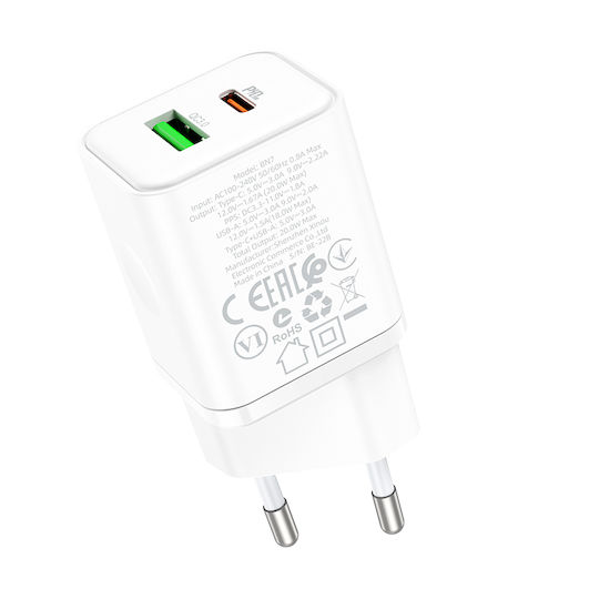 Borofone Charger Without Cable with USB-A Port and USB-C Port 20W Power Delivery / Quick Charge 3.0 Whites (BN7)