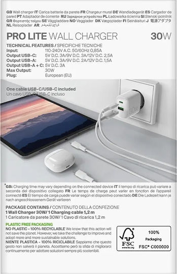 Puro Charger with USB-A Port and USB-C Port and Cable USB-C - USB-C 30W Whites