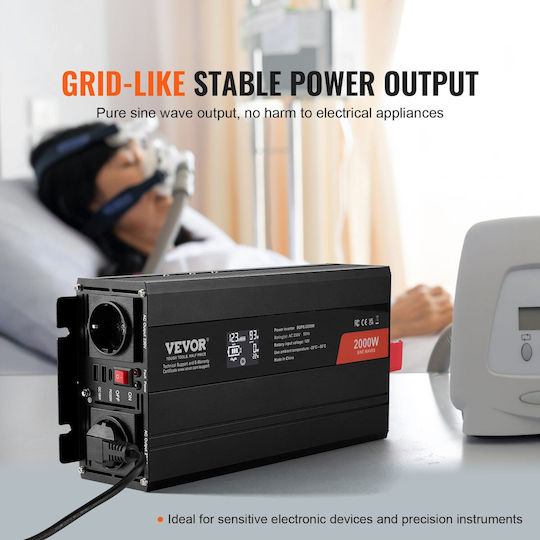 Vevor Inverter Αυτοκινήτου Καθαρού Ημιτόνου 2000W για Μετατροπή 12V DC σε 220V AC