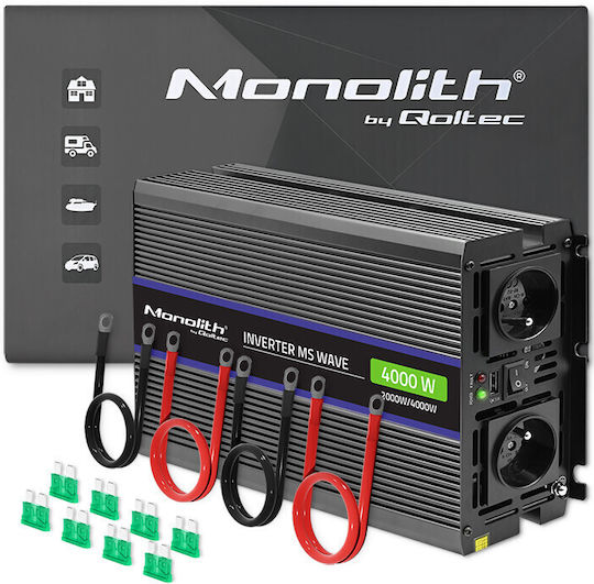 Qoltec Инвертор за кола Модифицирана синусоидална вълна 4000W за преобразуване на 12V DC в 230V AC