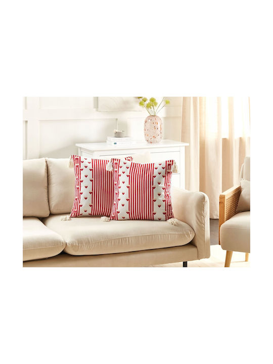 Set 2 Block Print Cushions Cotton White Banksia 45 X 45 Cm Lumarko