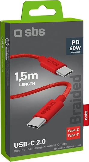 SBS Braided USB 2.0 Cable USB-C male - USB-C 60W PD Κόκκινο 1.5m