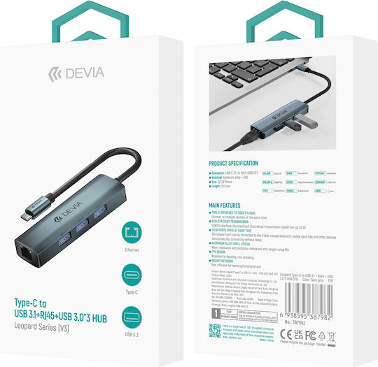 Devia 4-Port USB 3.0 Hub with USB-C Connection Gray