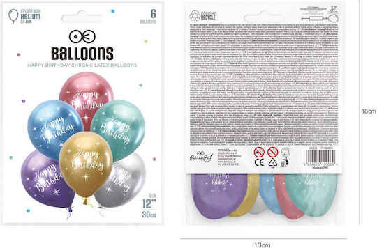Μπαλόνια Latex 12'' Happy Birthday Multicolor Chrome Συσκ 6τμχ