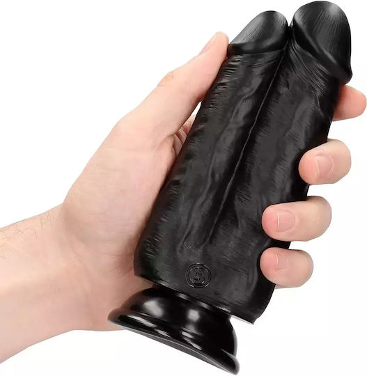 Shots Dildo Διπλό Dildo με Όρχεις και Βεντούζα Μαύρο 15.2cm