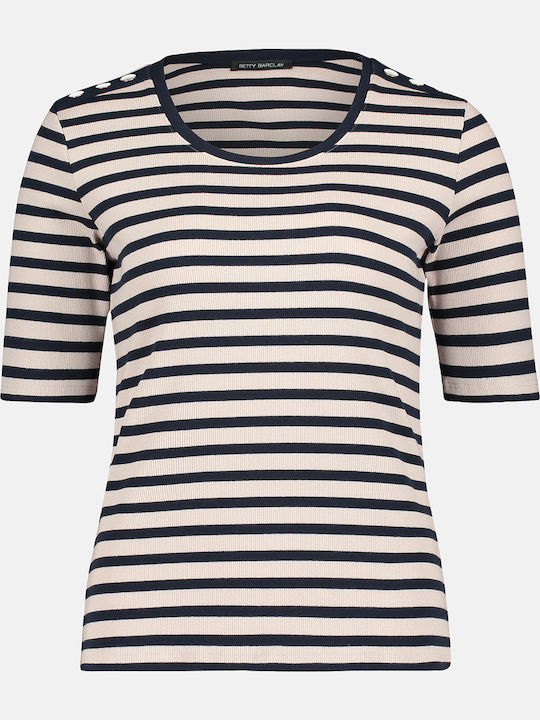 Women's Blouse Cotton Short Sleeve Striped Cream