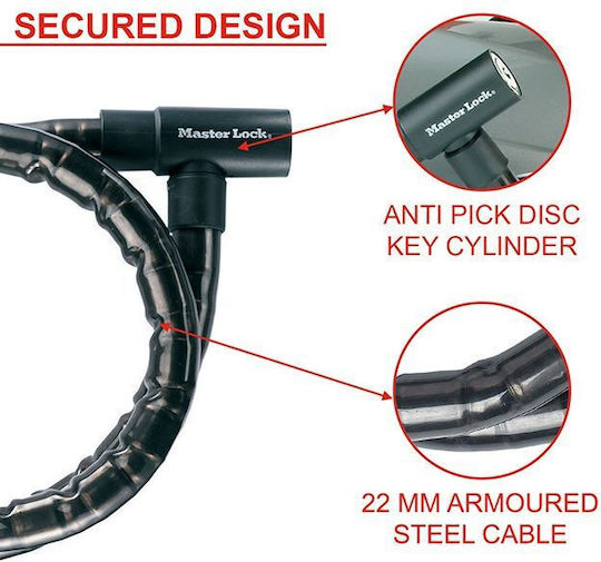 Master Lock Антикражбена верига за мотоциклет с катинар и дължина 200см. Черен Цвят