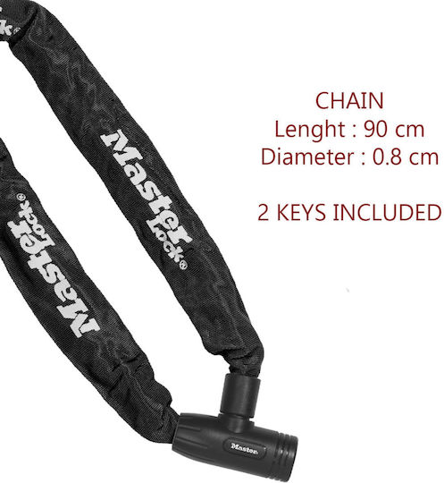 Master Lock Motorrad-Diebstahlsicherungsrolle mit Länge 90cm Motorradkettenschloss mit Bolzendurchmesser 8mm Schwarz Farbe