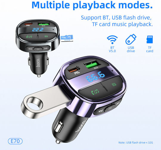 Hoco FM Transmitter Αυτοκινήτου E70 με Bluetooth / USB Metal Grey