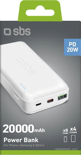 SBS Power Bank 20000mAh 20W with USB-A Port and USB-C Port Power Delivery White