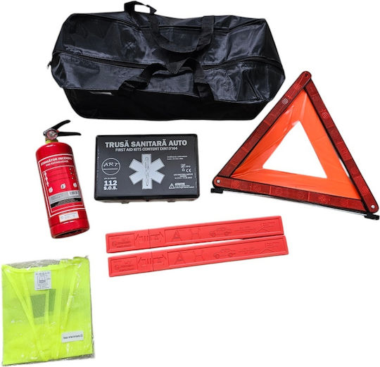 Kit de siguranță auto aprobat constând într-un kit de prim ajutor, extinctor de 1 kg, manometru, 2 triunghiuri reflectorizante, vestă reflectorizantă, geantă