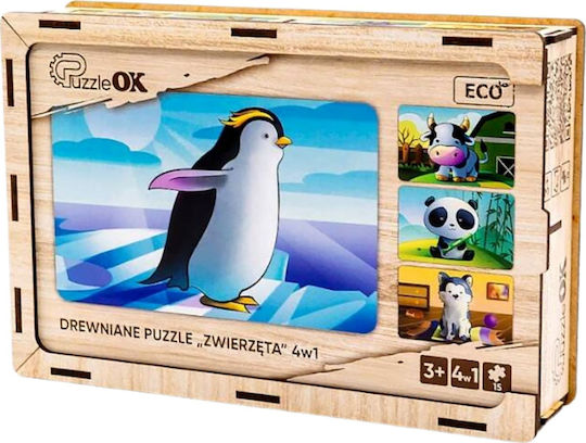 Puzzleok Ξύλινο Παζλ 4 1 Ζώα Παζλ Σετ Αγελάδα Σκυλάκι Πάντα Πιγκουίνος
