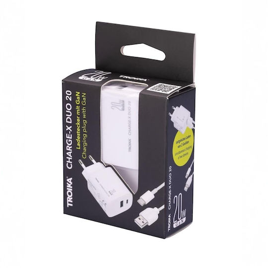 Troika Charger GaN with USB-A Port and USB-C Port and Cable USB-C 20W Power Delivery Whites (Charge-X Duo 20)