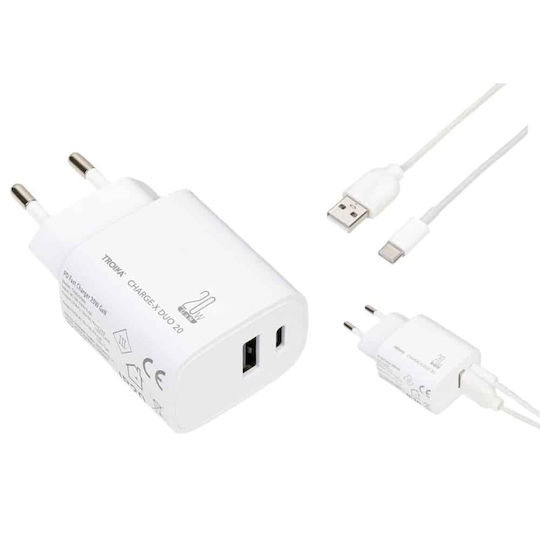 Troika Charger GaN with USB-A Port and USB-C Port and Cable USB-C 20W Power Delivery Whites (Charge-X Duo 20)