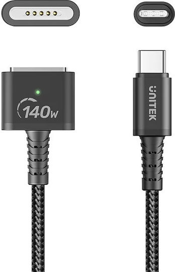 Unitek LED Magnetic USB 2.0 Cable USB-C Male Magsafe 3 140W PD Black 1m C14121BK-1M