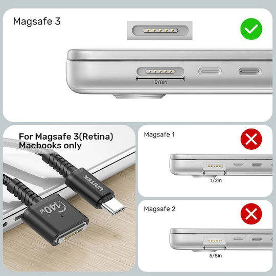 Unitek LED Magnetic USB 2.0 Cable USB-C Male Magsafe 3 140W PD Black 1m C14121BK-1M