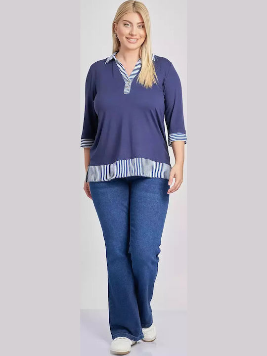 Women's Polo Blouse Striped Blue