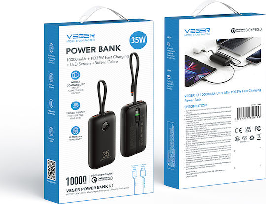 Veger W1188 Power Bank 10000mAh 35W με Θύρα USB-A και Θύρα USB-C Power Delivery / Quick Charge 3.0 Μαύρο