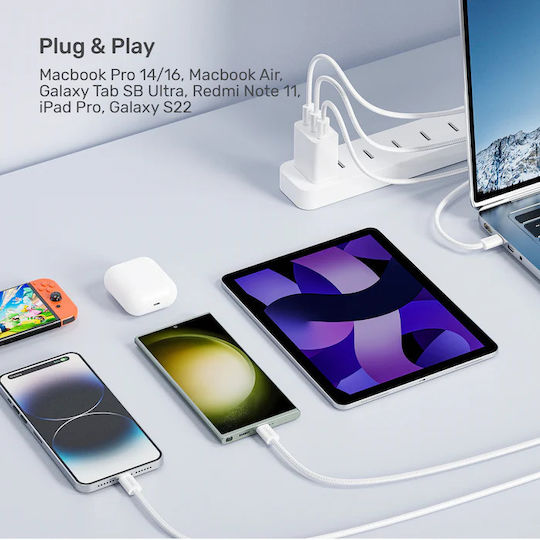 Unitek Magnetic / Retractable / Braided USB 2.0 Cable USB-C male - USB-C 100W PD Λευκό 1m C1414AWH-1M