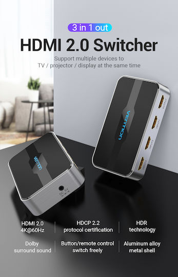 Vention HDMI Switch 3-Port 4K 2.0 mit Fernbedienung Afoh0
