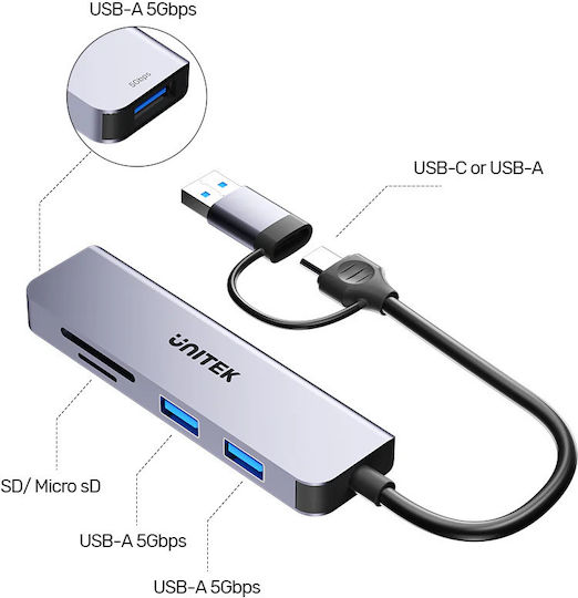 Unitek Hub 3 Θυρών USB 3.1 με σύνδεση USB-A / USB-C Γκρι
