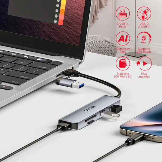 Unitek Hub 3 Θυρών USB 3.1 με σύνδεση USB-A / USB-C Γκρι