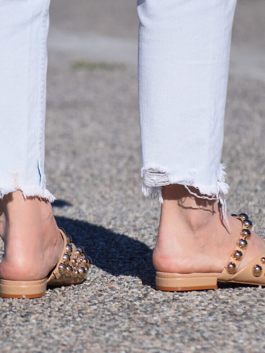 Flat Δερμάτινα Mules σε Μπεζ Χρώμα