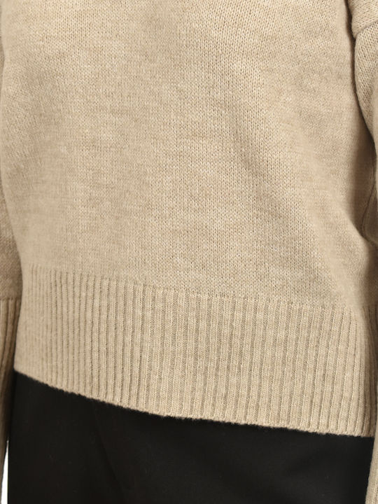 Women's Long Sleeve Sweater Woolen with V Neckline Beige