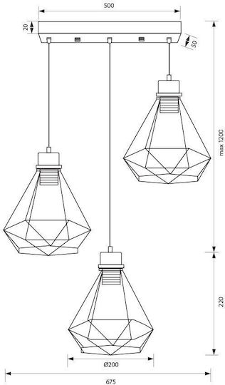 Vivalux Pendant Light Black Rail with Socket E27 67.5x20x142cm