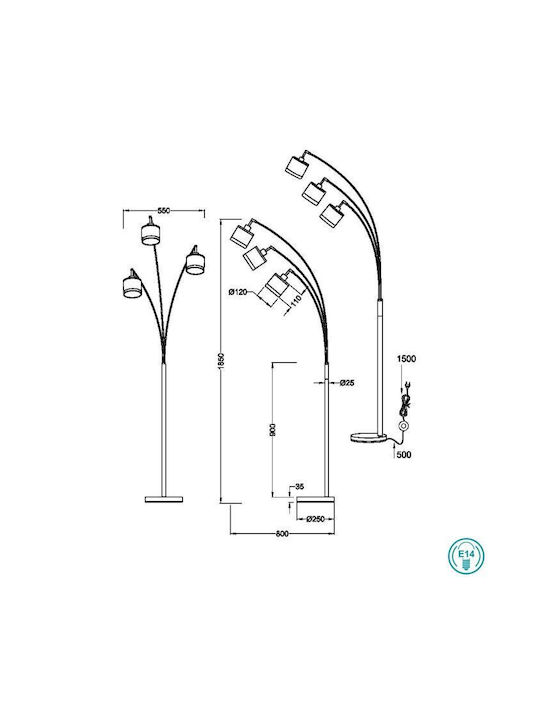 Trio Lighting Davos Подова Лампа В185xД12см. с Цокъл за Крушка E14 Бял
