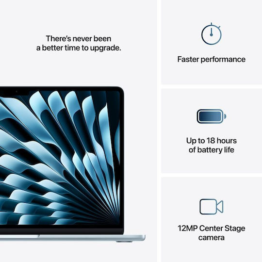 Apple MacBook Air 13.6" IPS Retina Display (M4-10-ядрен/16GB/256GB SSD/8-Core GPU) с Apple зарядно устройство 35W Двоен Sky Blue (Международен английски език)