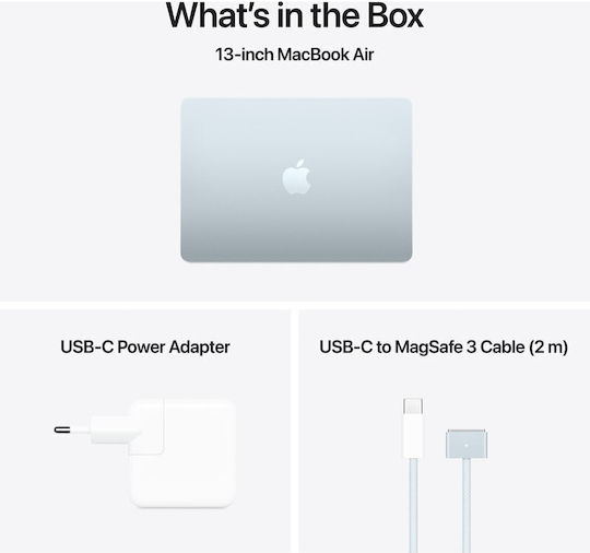 Apple MacBook Air 13.6" IPS Retina Display (M4-10-ядрен/16GB/256GB SSD/8-Core GPU) с Apple зарядно устройство 35W Двоен Sky Blue (Международен английски език)
