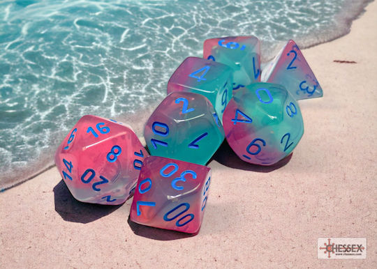 Chessex Dungeons & Dragons Set Gemini Polyhedral Green-Pink with Blue, 7 Dice