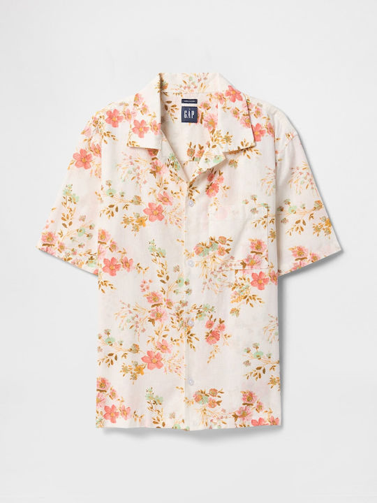 Short Sleeve Linen Shirt Floral White