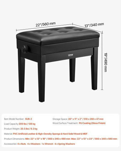 Vevor Stool Piano Adjustable L55.88xW55.88xH55.88-55.88cm