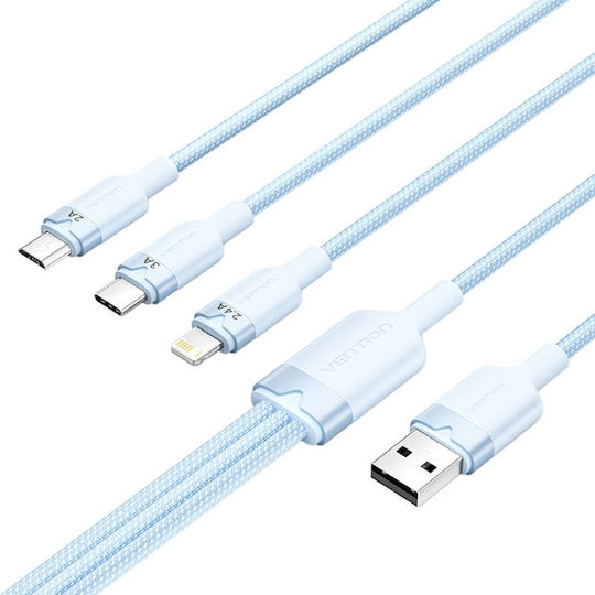 Vention Braided USB to Lightning Type-C micro USB Cable 2A Blue 1.5m