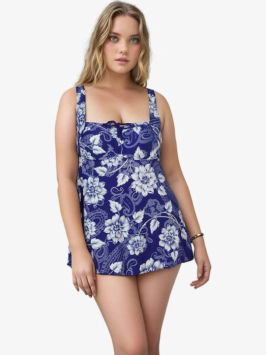 Badeanzug Tankini mit Leichte Verstärkung Blumen Blau