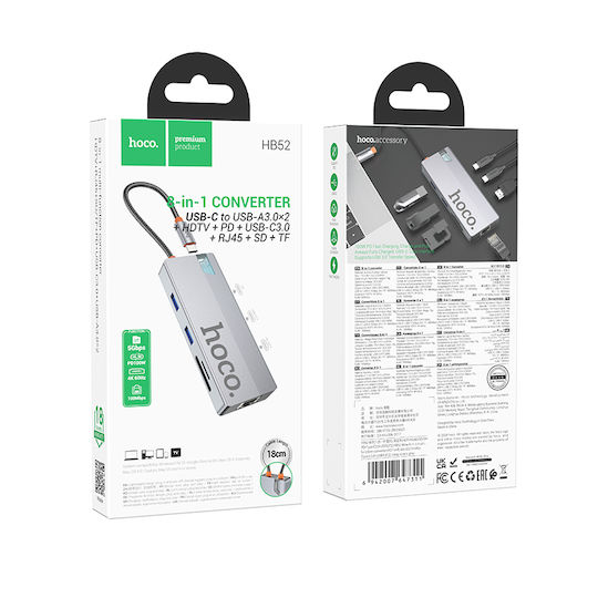 Hoco HB52 Wow USB-C Докинг станция с HDMI 4K PD Етърнет Сив