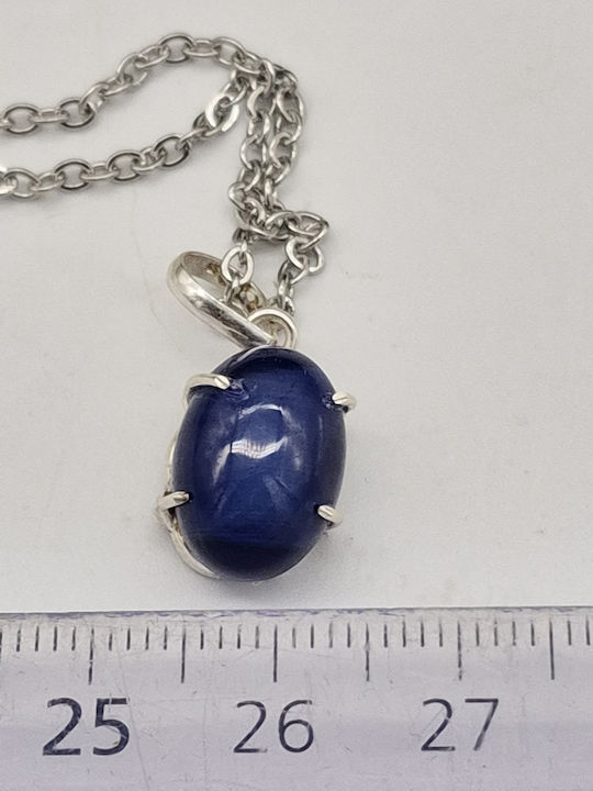 Unisex-Halskette mit kostbarem saphirblauem Edelstein in Silber 925 Fassung Stahlkette