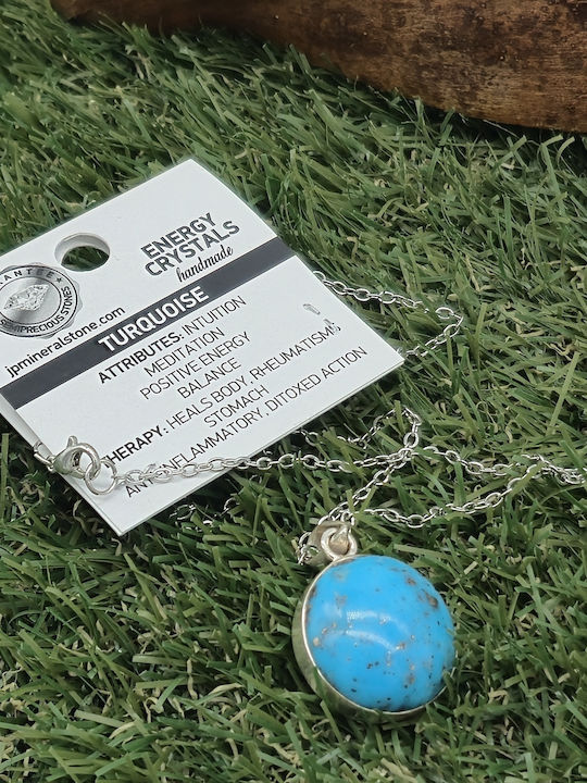 Necklace with Genuine Semi-Precious Turquoise Stone Bezel Silver Steel Chain