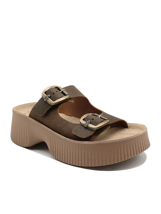 Fantasy Кожени Дамски Сандали Flatforms Кафяви