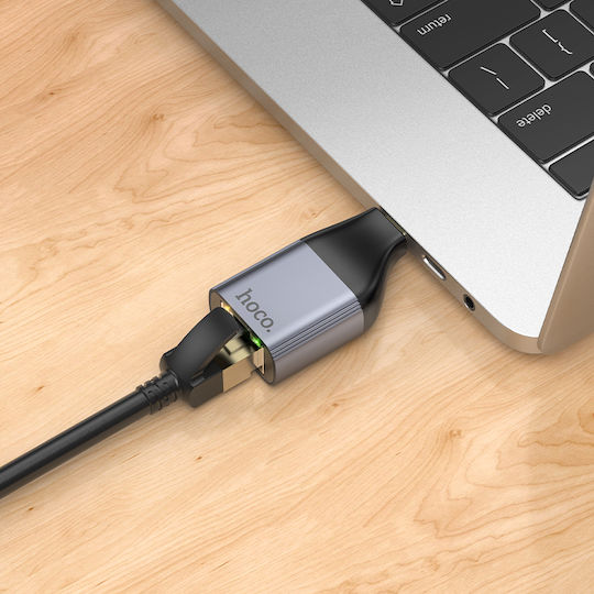Hoco Конвертор USB-C мъжки към Ethernet женски Сив 1бр UA35