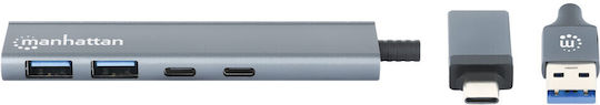Manhattan Hub 4 Θυρών USB 3.2 με σύνδεση USB-A Γκρι