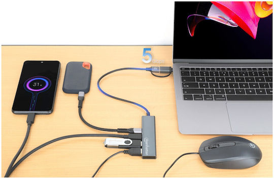 Manhattan Hub 4 Θυρών USB 3.2 με σύνδεση USB-A Γκρι