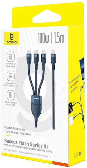 Baseus Flash Series Type C Regular Cablu USB la Type-C cu mai multe porturi 5A Albastru 1.5m (P10377503321-00)