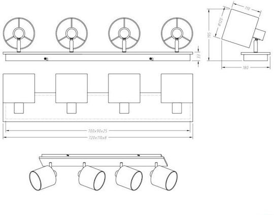 Trio Lighting Tommy Σποτ με 4 Φώτα και με Ντουί E14 σε Μαύρο Χρώμα