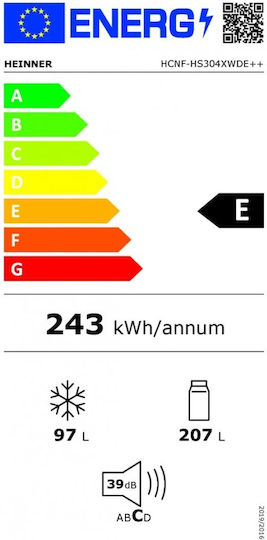Heinner 304лт NoFrost В186xШ59.5xД59см. Inox HCNF-HS304XWDE++